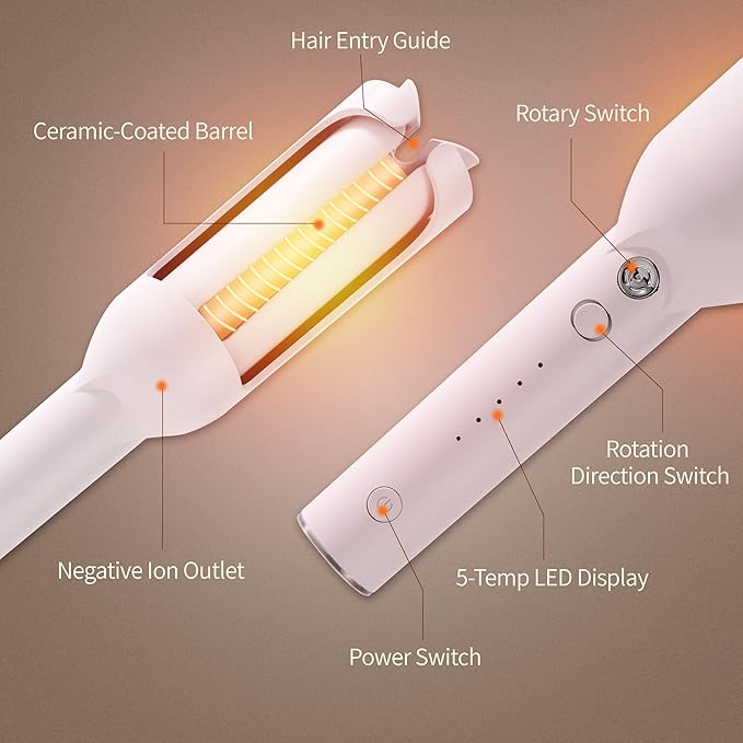 Inovocare Upgraded Automatic Rotating Curling Iron - CurlPro Plus Long Barrel Curling Wand for Long Hair, Ceramic Hair Curler for Women, Anti-Scald, Tangle-Free, 600M Ionic, Dual Voltage (Misty Rose)