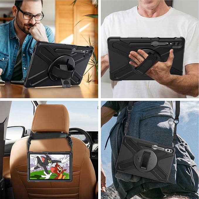 Gerutek Case for Samsung Galaxy Tab S10 FE+/ S10 FE Plus 2025 13.1 Inch Full-Body Drop Protective Case with Screen Protector Pen Holder 360° Rotate Hand Strap &amp StandShoulder Strap Black