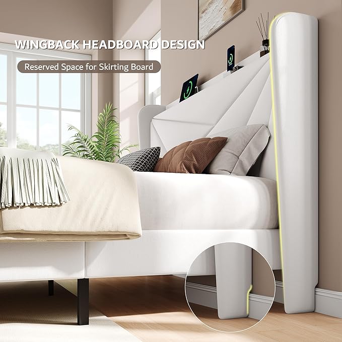 iPormis Full Size Bed Frame with Charging Station, Velvet Platform Bed Frame with Wingback Upholstered Headboard, Solid Wood Slats Support, No Box Spring Needed, Easy Assembly, White