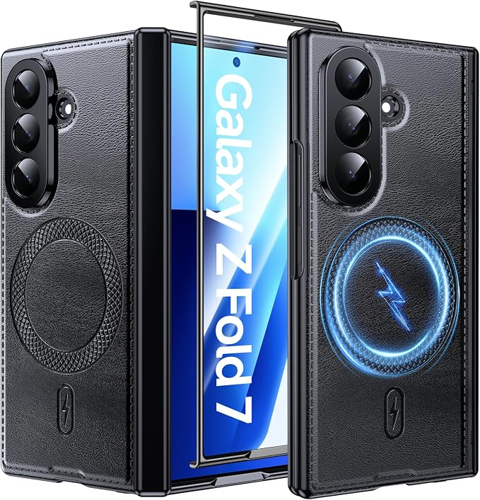 LeYi for Z-Fold-7 Case: Built-in Screen Protector Mag-Safe Leather Black | Galaxy Z fold 7 Case Magnetic Full Body Shockproof Hinge Protection Dual Layer Heavy Duty Z Fold7 Case para Samsung Fold