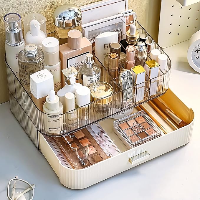 Makeup Organizer with Stackable Drawer, Cosmetic Storage Display Case for Vanity, Bathroom Countertop or Dresser,Counter top Holder for Lipstick, Brushes, Lotions, Eyeshadow, Nail Polish