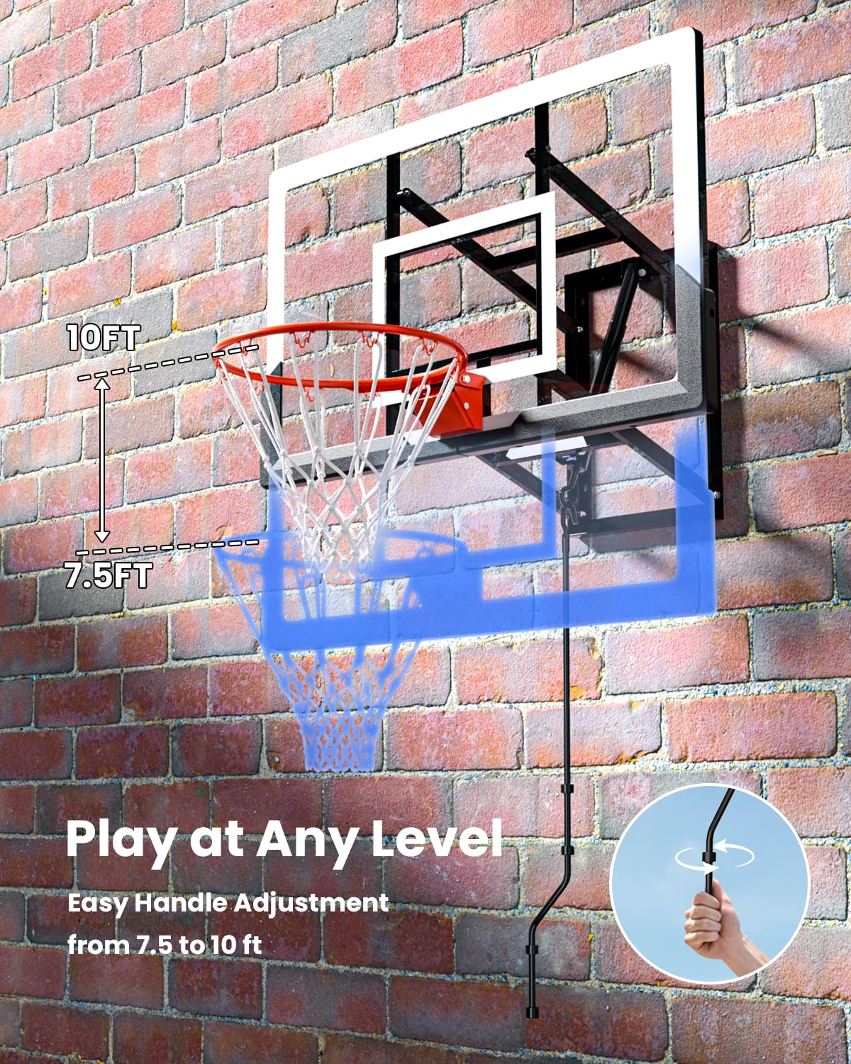 IGL Wall Mounted Basketball Hoops Outdoor, 7.5-10ft Adjustable 52in Goal
