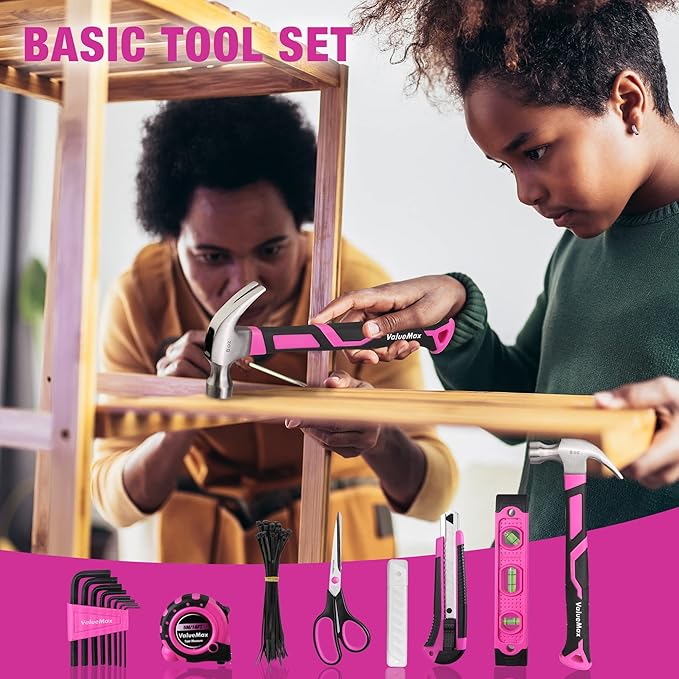 ValueMax Home Tool Kit with Drill, 233-Pieces Pink Tool Set with 12V Cordless Lithium-ion Drill, Power Tool Set with Wide Mouth Open Storage Bag, Basic Drill Sets Combo Kit for DIY and Daily Repair