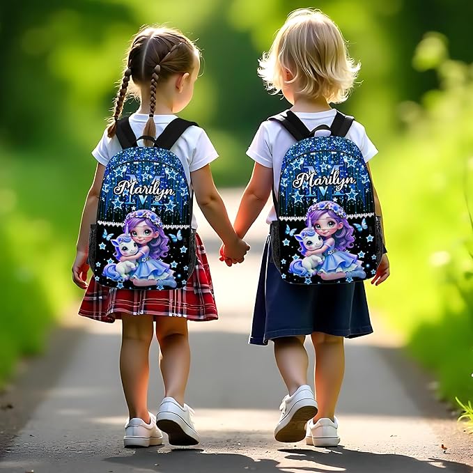 Custom Kids Backpack with Lunch Box Personalized Name Bookbag for Girls Back to School Blue Backpacks for Elementary Middle School Boys