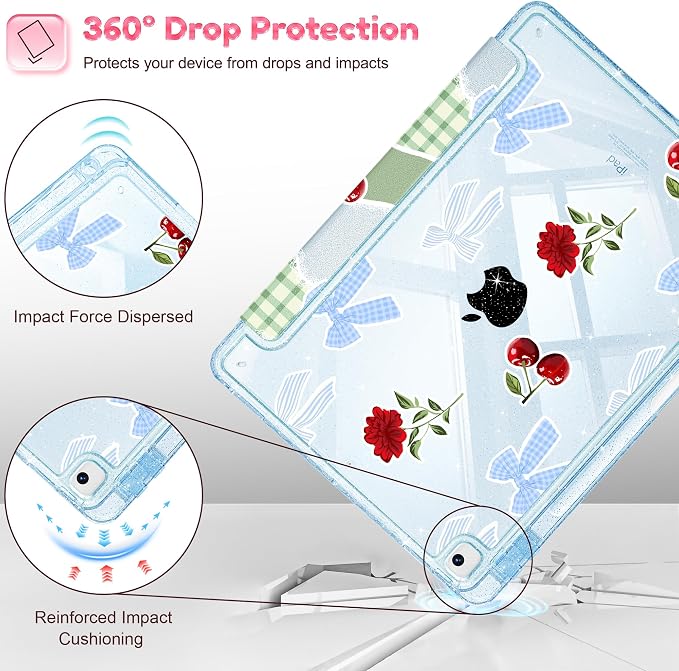 Mektron Sparkly Case for iPad 10.2 inch Glitter Tablet Cases for iPad 9th Gen 2021/8th Gen 2020/7th Gen 2019 Cover with Shiny Clear Back Shell Foldable Bling Smart Cover Blue Floral