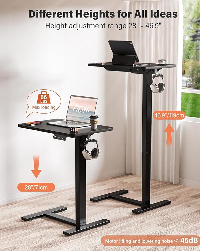 FiCiHi Small Electric Standing Desk - Adjustable Height Bedside Laptop Table with Wheels, Mobile, Portable Rolling Computer Workstation Sit Stand Table for Home Office, Sofa, Couch Use (28x16, Black)