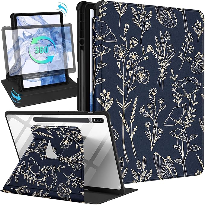 Wazzasoft for Samsung Galaxy Tab S7/S7 Plus/S8 Plus Case - 12.4 Inch Folio Cover with Pencil Holder - Women/Girl Cute Girly Black Flower Unique Design - Rotating Tablet Case