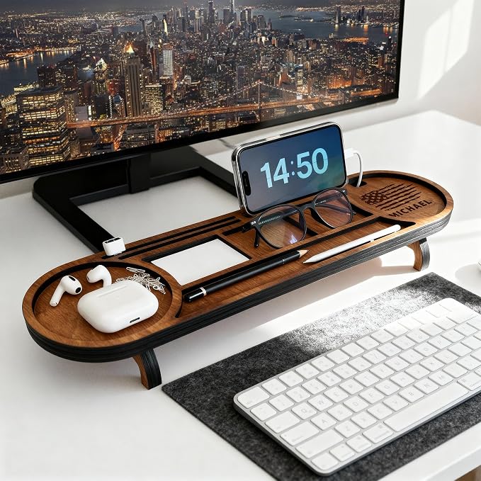Ships Next Day Personalized Wood Desk Organizer Custom Phone &amp Tablet Stand Engraved Wood Office Accessory Custom Docking Station Custom Organizer Gift