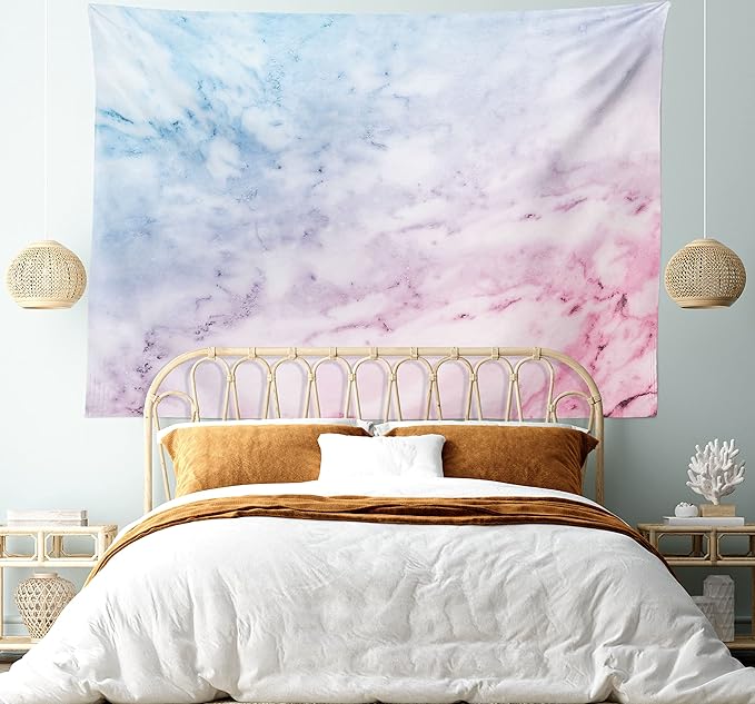 Ambesonne Marble Print Tapestry King Size, Pastel Toned Cloudy Crack Lines Stained Antique Shabby Design, Wall Hanging Bedspread Bed Cover Wall Decor, 104" X 88", Pink