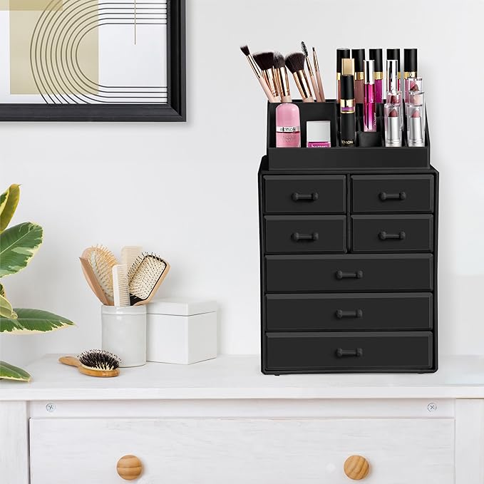 Sorbus Makeup Organizer, Brush Holder and Make Up Storage Drawers - Acrylic Makeup organizer for vanity, Bathroom - Cosmetic Display Cases with 3 large, 4 Small Drawers & 1 Tray for Makeup Brush