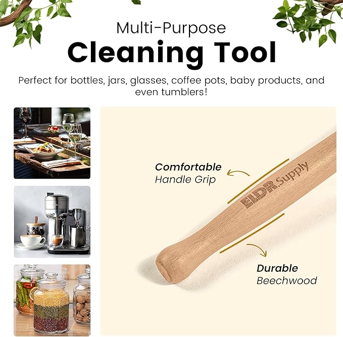 ELDR Supply Bottle Brush, 14in Extra Long German Beechwood Handle, Strong Hemp Bristles, Zero Waste, Cleans and Scrubs Hard to Reach Wide Mouth Jars, Glasses, and Tumblers