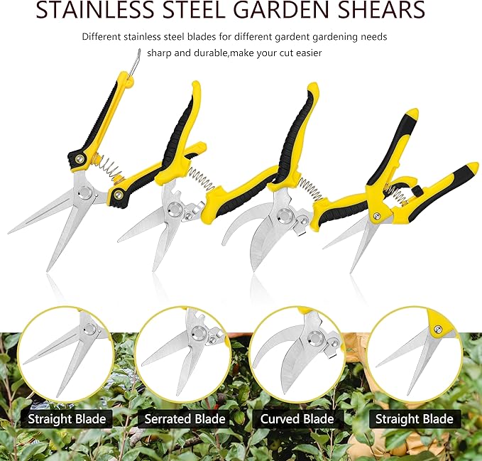 5 pack Garden Pruning Shears Stainless Steel Blades, Handheld Scissors Set with Gardening Gloves,Heavy Duty Garden Bypass Pruning Shears,Tree Trimmers Secateurs, Hand Pruner (Yellow and Black)