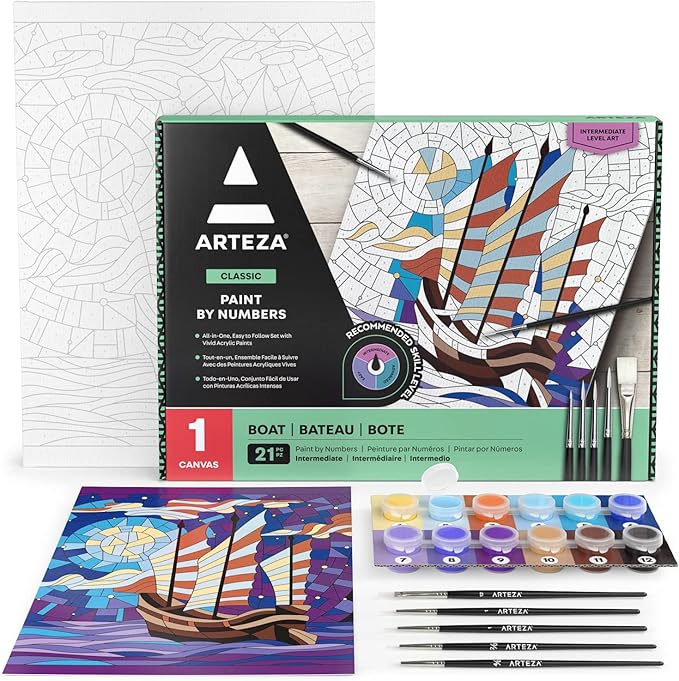 Arteza Paint by Number for Adults, 12x16 Inches, 21 Pieces, Boat Paint by Numbers Kit, Comes with 1 Canvas Panel, 12 Acrylic Paint Pots, 5 Paintbrushes, Art Supplies for Beginners & Hobby Painters