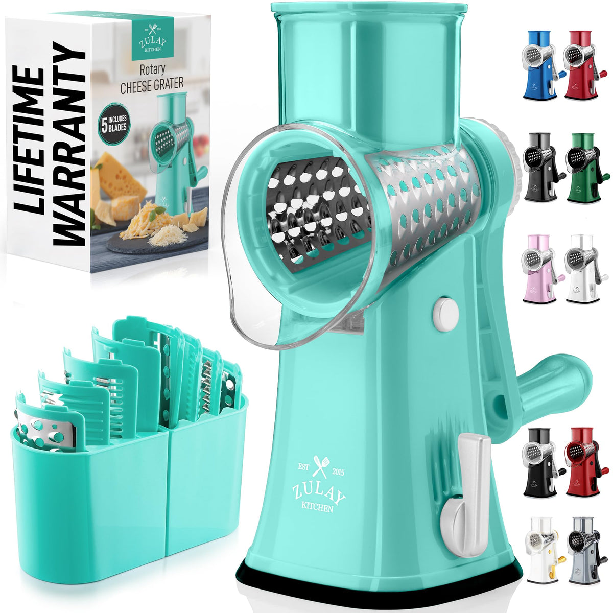 Zulay Kitchen Rotary Cheese Grater 5 Blade Cheese Shredder - Manual Hand Crank Cheese Grater With Reinforced Suction & 5 Interchangeable Drums - Easy to Use, Vegetable Chopper Round Mandoline Slicer