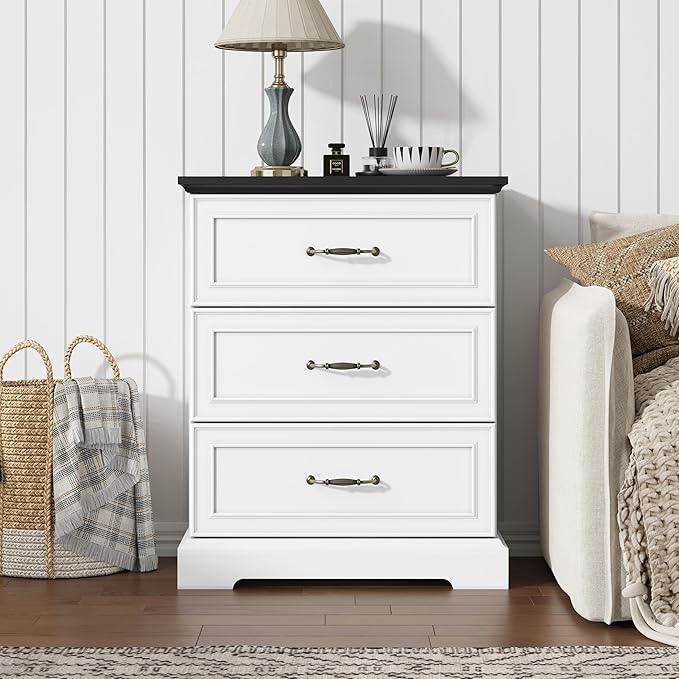 Nightstand with 3 Large Drawers,24" Wide End Table with Metal Handles,Rustic Farmhouse Wood Small Dresser,Bedside Table,Modern Chest of Drawers for Bedroom,Living Room,White