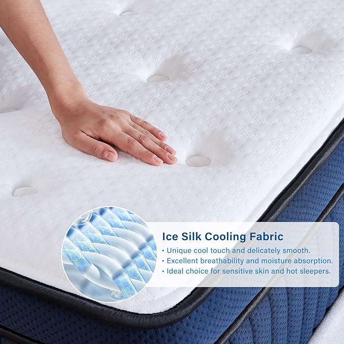 Suiforlun 14 Inch Queen Mattress with Ice Silk Cover, Euro Top Hybrid Gel Memory Foam with 7-Zone Individually Wrapped Coils, Medium Firm Queen Size Mattress for Pressure Relief