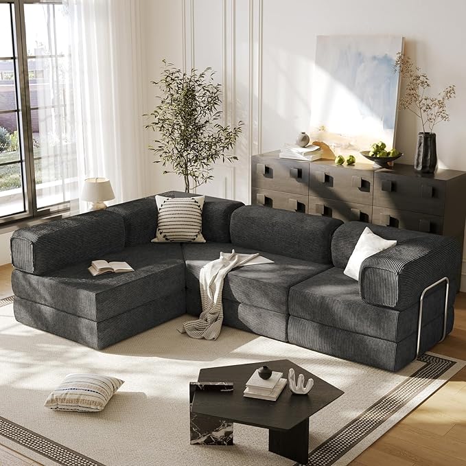 108" L Shaped Couch, Modular Sectional Sofa with Chaise, Cloud Boneless Couch with Deep Seat & Removable Pillow for Living Room, Bedroom,No Assembly Required（Grey）