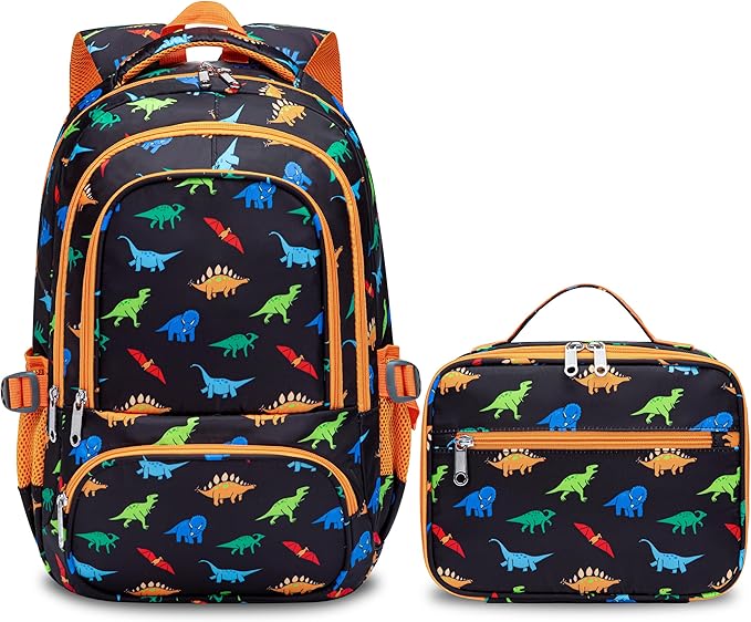 BLUEFAIRY Kids Backpack with Lunch Box for Girls Boys Elementary Primary Middle School Bag with Lunch Bag Set 17 Inch Bookbag Mochilas Escolares para Niñas Niños (Dinosaur, Orange)