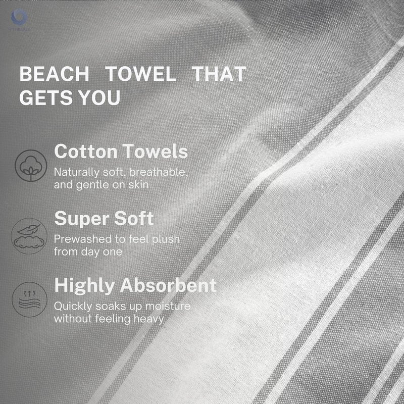 9Threads Cotton Turkish Beach Towel with Towels Oversized 36"x72" Pool Absorbent Extra Large Quick Dry Sand Travel Towel (Grey, 2 Pack)