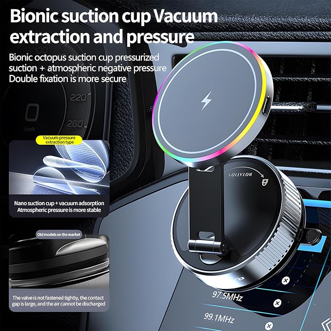 Wireless Charger Car Phone Holder for Magsafe,360°Adjustable Vacuum Magnetic Phone Holder,Nano Gel Suction Cup/RGB Light Suction Cup Mount for Non Smooth Surfaces Compatible iPhone&Android