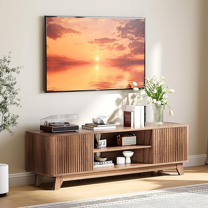 VINGLI 58.6" TV Stand up for 70 Inch TV, Mid Century Entertainment Center with Fluted Sliding Doors and Open Storage, Elegant Media Consoles for Living Room, Walnut