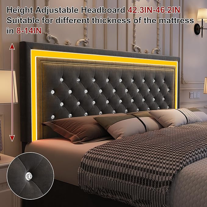 Full Bed Frame with LED Lights, Storage Drawers, No Box Spring Needed, 900 lbs Capacity, Easy Assembly, Velvet Grey