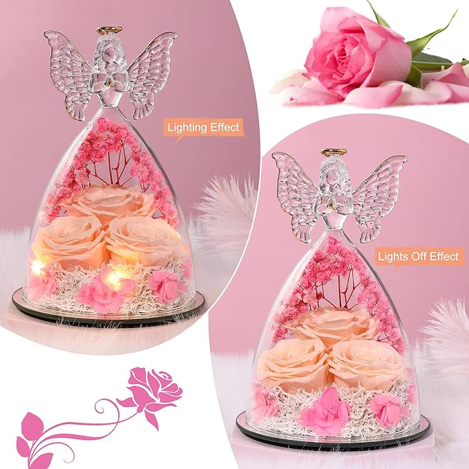 Ocosy Mothers Day Rose Gifts for Her, Large Angel Rose Gifts for Women, Forever Real Roses in Figurines, Guardian With Roses Flower Yellow Champagne