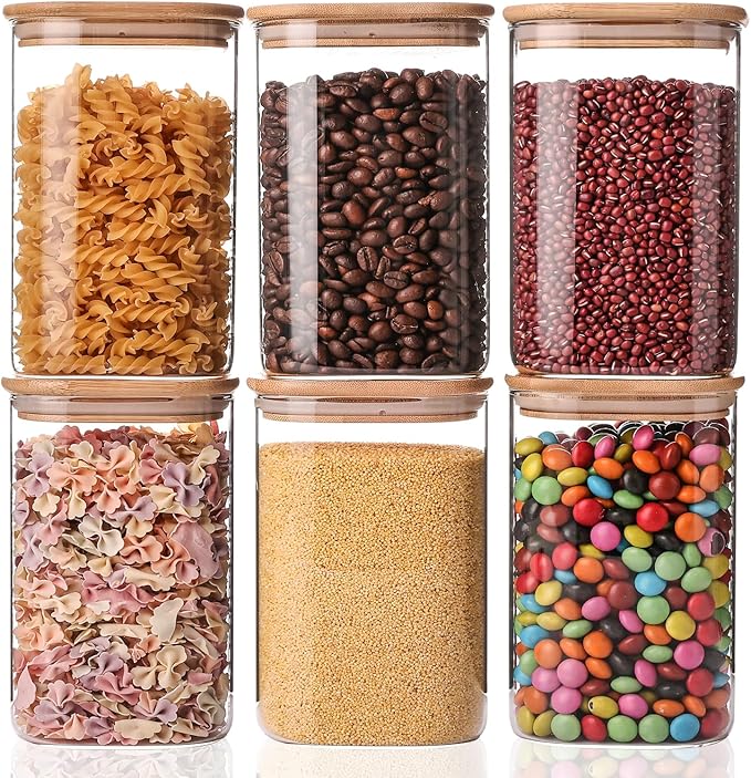 YUNCANG Glass Storage Jars 6 Pack 37oz Clear Glass Food Storage Containers with Airtight Bamboo Lid Stackable Kitchen Canisters for Candy,Cookie,Rice,Sugar,Flour,Pasta,Nuts and Spice Jars(Square)