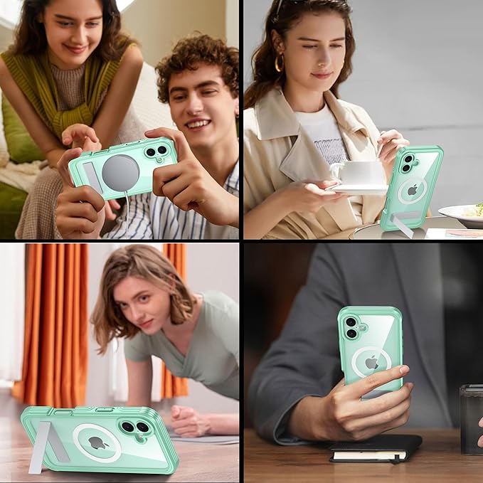 360° Protection Magnetic for iPhone 16 Case Built-in 9H Privacy Screen Protector & Metal Stand[Fit for Magsafe][Anti-Spy][Lens Protector] Heavy Duty Shockproof Phone Case for iPhone 16(Green)