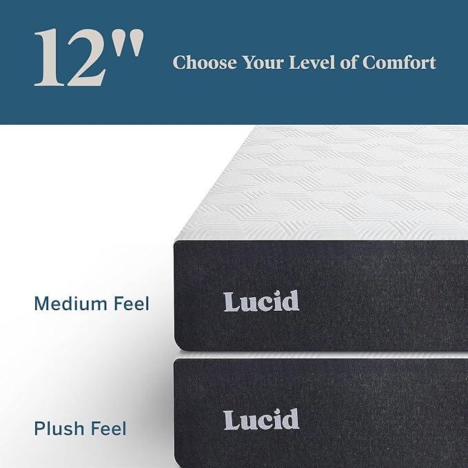 LUCID 12 Inch Memory Foam Mattress - Medium Feel - Memory Foam Infused with Bamboo Charcoal - Gel Infusions - CertiPUR-US Certified - Breathable - Queen