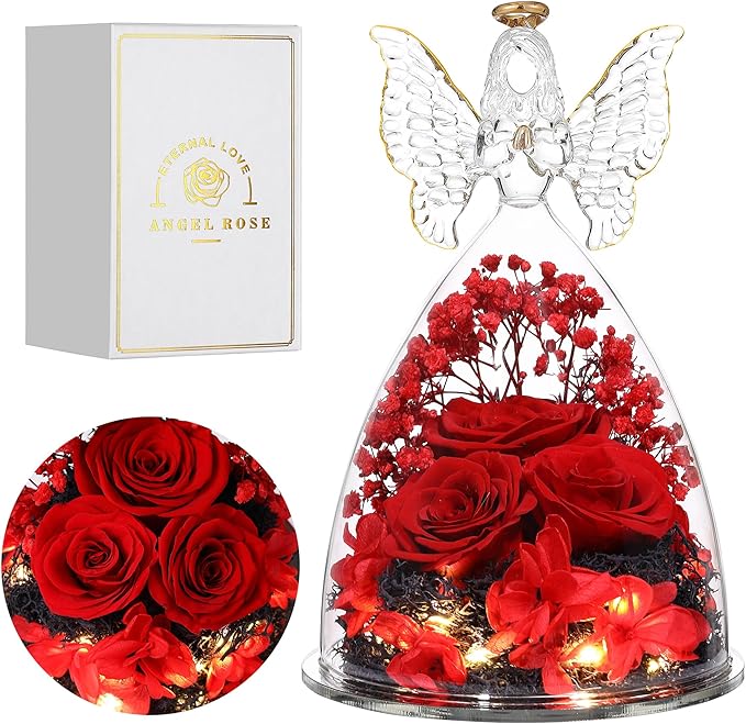 Ocosy Mothers Day Rose Gifts for her, Large Angel Rose Gifts for Women, Forever Real Roses in Angel Figurines, Angel Guardian with Roses Flower, Red