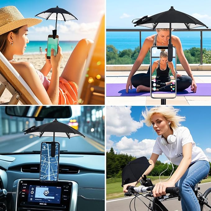 Mini Clip-on Phone Umbrella for Sun Flexible Adjustable Handle Cell Phone Umbrellas Sun Shade Protects from Sunlight and Glare Universal Fit for All Smartphones Black