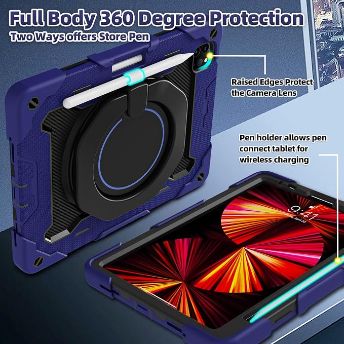 ROISKIN for iPad Pro 11 inch Case (M5/M4 (2025/2024)) Pro 11'' 6th/5th Gen -with HD Screen Protector 360 Kickstand/Handle Shoulder Strap Pen Holder Heavy Duty Military Grade - Kids Friendly