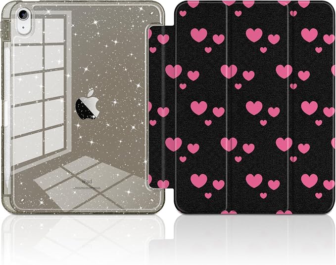 MEEgoodo Case for iPad A16 11th Generation 2025/10th Generation 2022 Glitter Tablet Cases with Transparent Acrylic Back+Trifold Stand +Pencil Holder+Auto Wake/SleepAbstract Sun &amp Palm Tree