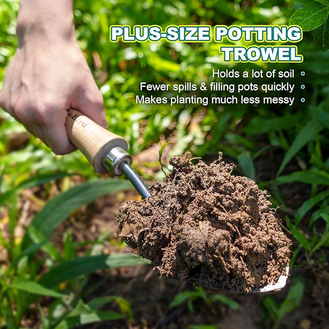 Berry&Bird Weeding Trowel, Multi- Use Hand Shovel with Serrated Blade Stainless Steel Garden Trowel Plus Size Potting Trowel with Wooden Handle for Transplanting, Digging, Measuring, Cutting Roots