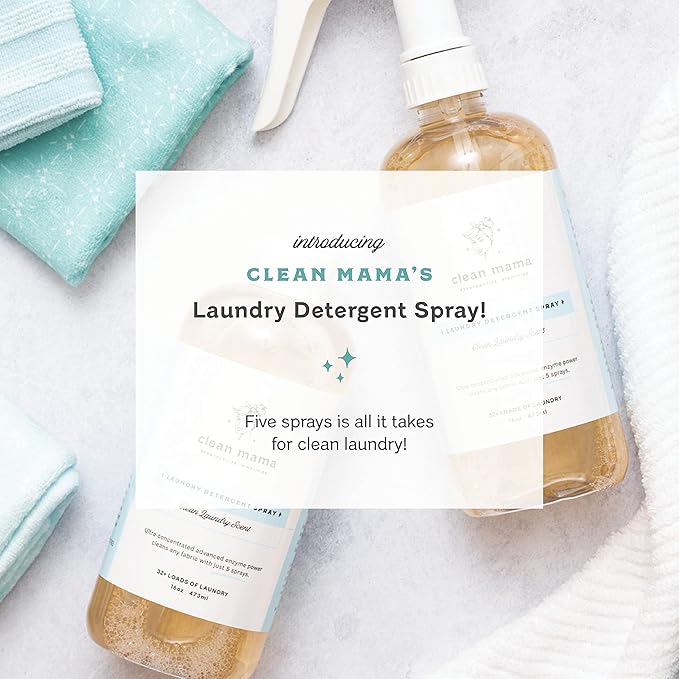 Clean Mama Laundry Detergent Spray & Pre-Treater - Natural Laundry Detergent Soap for Sensitive Skin - Eco-Friendly, HE Compatible - Unscented - 32+ Loads of Laundry, 16 oz