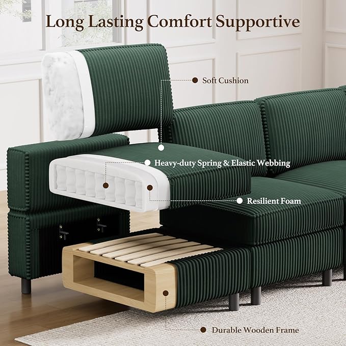 114.2" Modular Sectional Sofa with Deep Storage Seat,Corduroy 7 Seat U Shaped Sofa Couch,Modular Sofa Couch with Movable Ottoman Chaise,Upholstered Sectional Couches for Living Room,Green