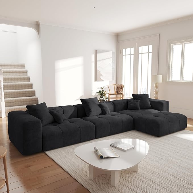 JACH 144.1 Inch L-Shaped Modular Sofas, Modern 3-Seater Couch with Chaise Ottoman, Mid Century Modern Sectional Couches, Cozy Sleeper Sofa for Apartment/Living Room (Linen Fabric, Black)