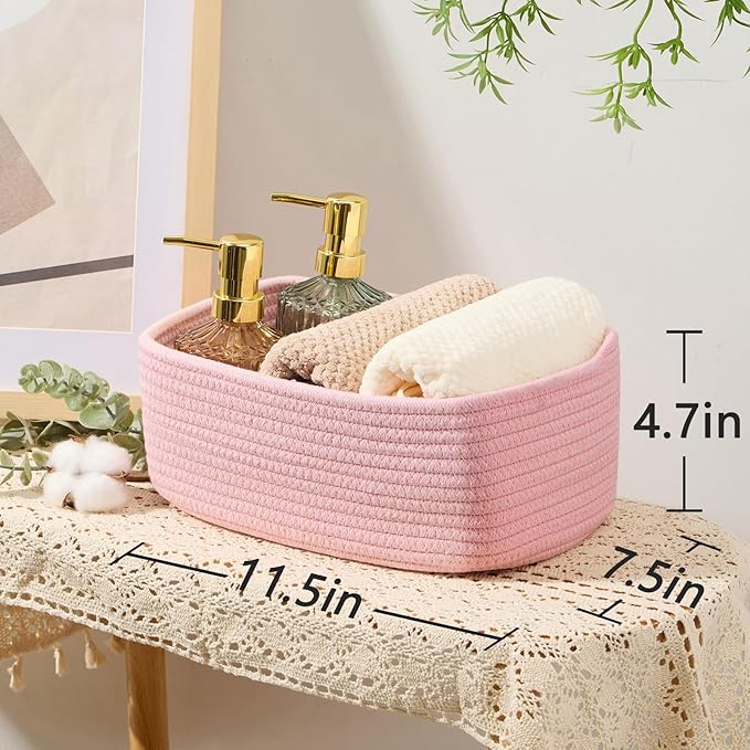 Small Storage Baskets for Organizing | Closet Organizer Bins | Shelf Toy Basket | Woven Rope Baskets | Cube Decorative Box | Shallow Basket | 11.5x7.5x4.7” | 3 Packs Light Pink