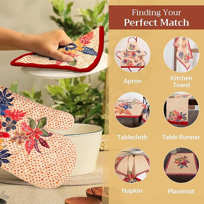Maison d' Hermine 100% Cotton Oven Mitt & Pot Holder Set (7.5"x13" & 8"x8") Heat Resistant BBQ Cooking Gloves with Loop for Thanksgiving Christmas Decorations Handling Hot Pans (Kalahari)