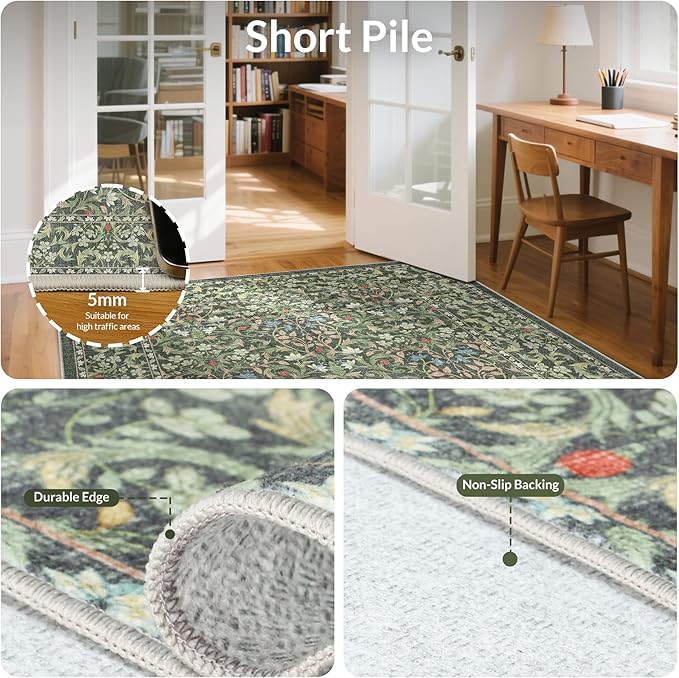 GENIMO 6x9 Washable Area Rug, Non-Slip Vintage Boho Floral Carpet, Soft Low-Pile Thin Living Room Rug for Bedroom, Dining Room, Nursery, Emerald Green