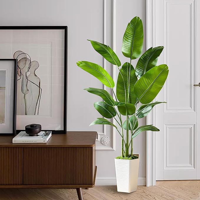 Bird of Paradise Artificial Plant, 6FT Faux Plants Indoor Banana Leaf Tree with 10 Leaves, Large Fake Tropical Potted Indoor Silk Floor Plant with White Tall Planter for House,Office,Room,Home Decor