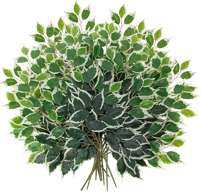 24PCS Ficus Leaves Artificial Branches - 24" Faux Ficus Greenery Tree Branches - Fake Leaves Sprays for DIY Arch Wedding Wall Decor - Green & White