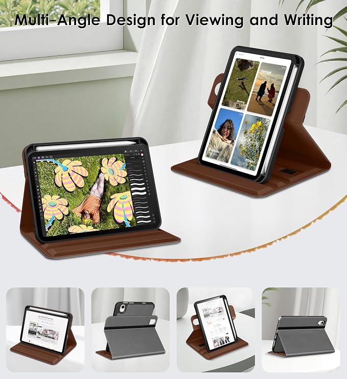 DTTO for iPad mini 7 A17 Pro 2024 aslo fit iPad mini 6 2021 Brown | 360 Degree Rotating Premium Faux Leather Folio Stand Cover with Pencil Holder Auto Sleep/Wake Multiple Angles Hand Strap