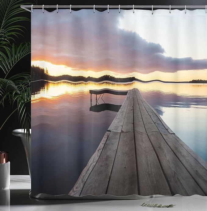 Ambesonne Landscape Shower Curtain, Serenity Relaxing Themed Port Pier Wooden Rustic Image of Dawn Sunset in Lake Art, Cloth Fabric Bathroom Decor Set Hooks, 69" W x 84" L, Multicolor Indigo Pale Blue