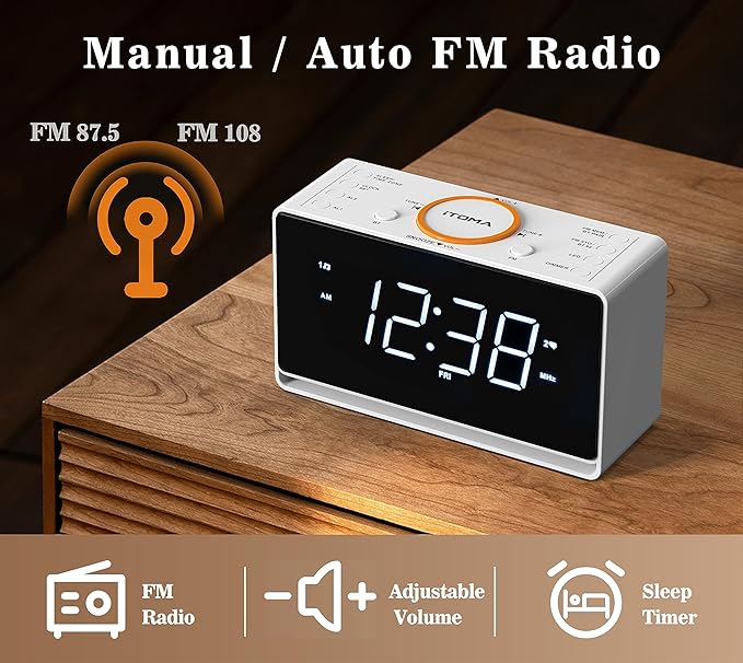 iTOMA Alarm Clock Radio, 1.4" White LED Display Clock with Bluetooth, FM Radio, Dual Alarm, Sleep Timer, Snooze, Auto & Manual Dimmer, USB Charger and Night Light CKS718