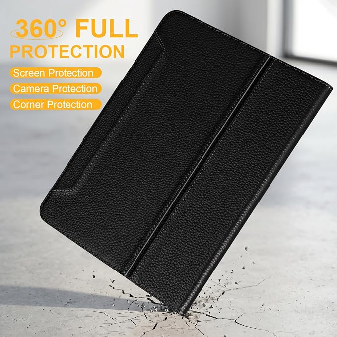 Case for iPad Air 11 M4/M3/M2 5th/4th Gen 10.9 Black | Genuine Leather Pencil Holder Magnetic Closure Smart Cover Auto Wake/Sleep Adjustable Stand