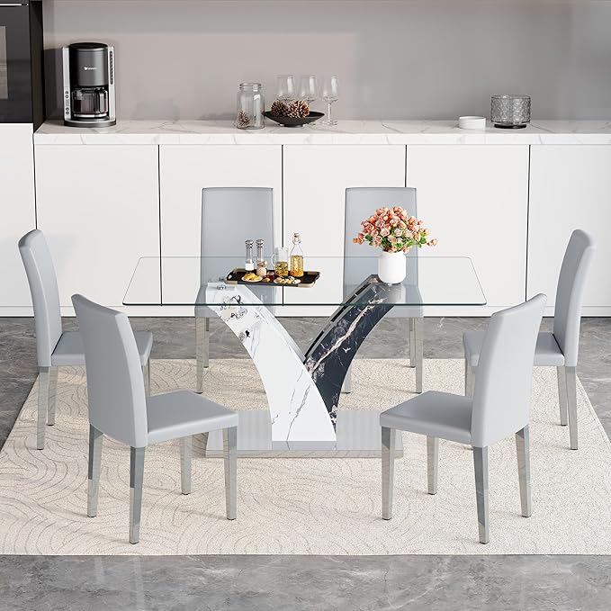 Glass Dining Table Set for 6, 63” Kitchen Table Set for 6, Modern Dining Room Table Set with Upholstered Chairs, Tempered Glass Tabletop with Y Shape Base
