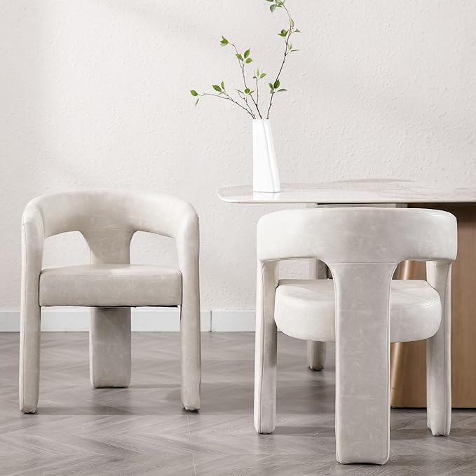 Modern Barrel Dining Chairs Set of 2, PU Leather Upholstered Accent Side Chair with Arms Comfy Makeup Vanity Chairs, Dining Living Room Kitchen Chairs, Grey