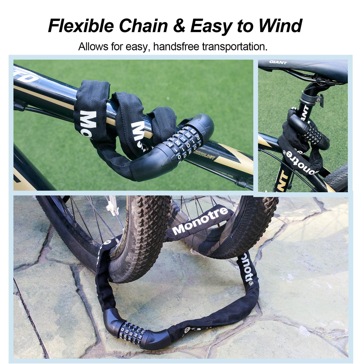 Monotre 5-Digit Resettable Combination Heavy Duty Anti-Theft Bike Chain Lock, 3.2ft Long Keyless Security Bike Lock with Reflective Strip for Bicycles, Scooters, Motorcycles, Doors